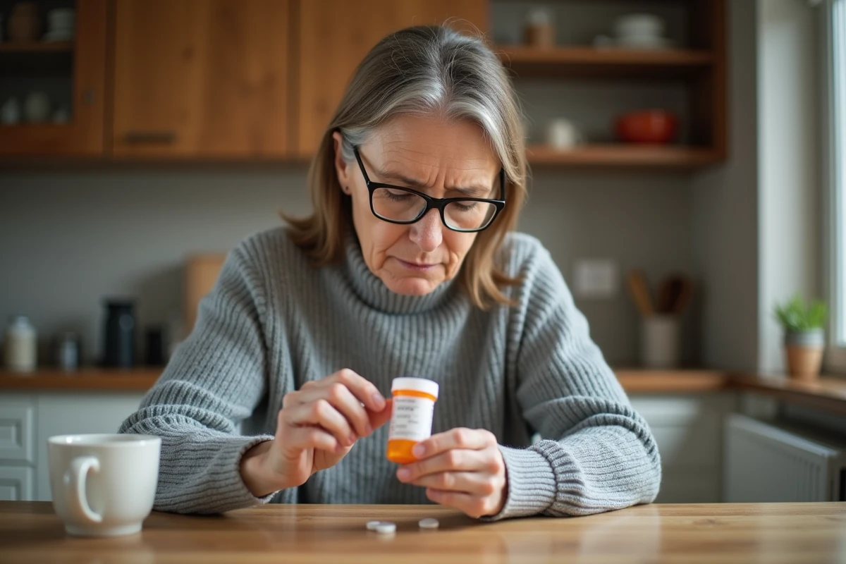 Femme d'âge mûr lisant attentivement l'étiquette d'une boîte d'antibiotiques dans une cuisine, illustrant la vigilance face aux médicaments anti-inflammatoires et antibiotiques
