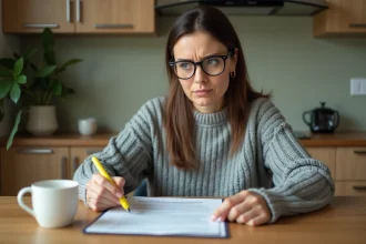 Femme lisant attentivement un avis médical sur Circles à la table de sa cuisine, stylo highlighter à la main, expression critique et concentrée