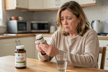 Femme d'âge mûr lisant attentivement l'étiquette d'un complément alimentaire Cardiobalance dans sa cuisine, expression perplexe