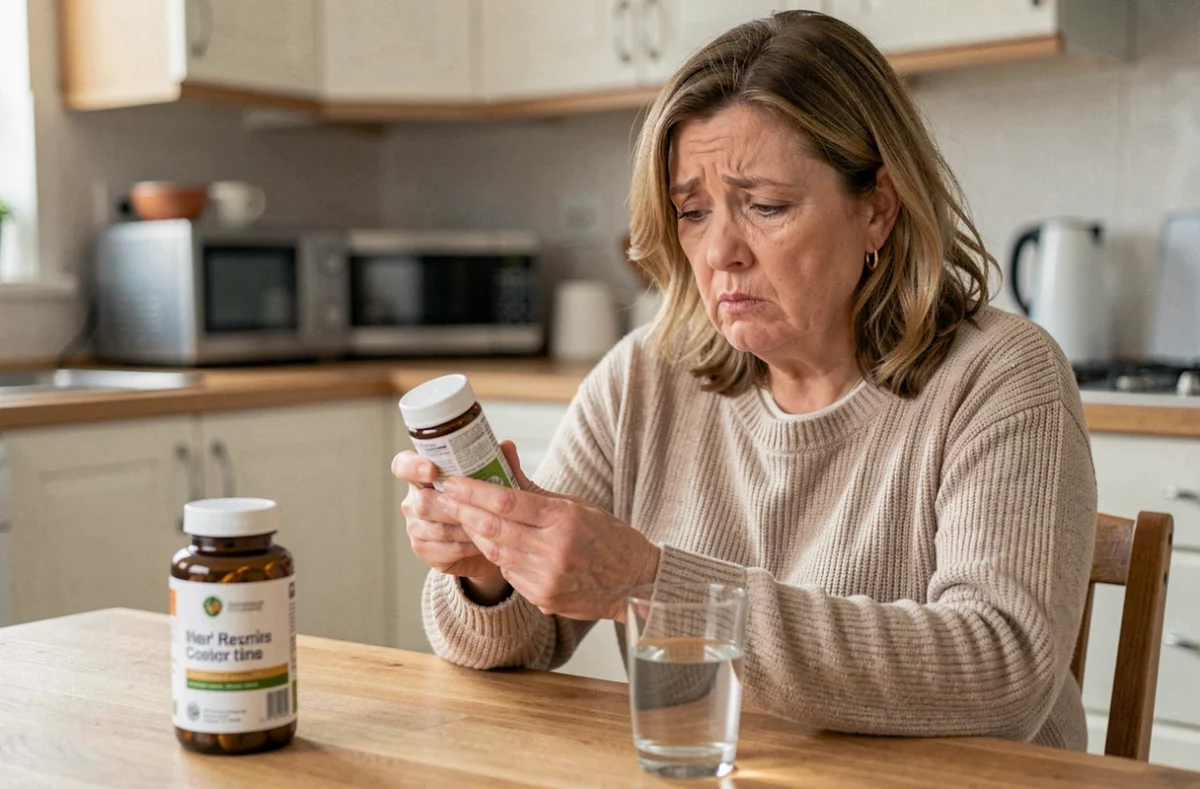 Femme d'âge mûr lisant attentivement l'étiquette d'un complément alimentaire Cardiobalance dans sa cuisine, expression perplexe