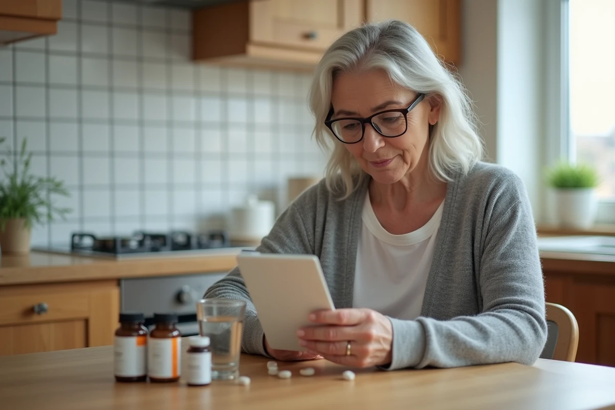 Femme d'âge mûr lisant la notice d'un médicament antalgique à la table de sa cuisine, avec plusieurs boîtes de médicaments posées devant elle