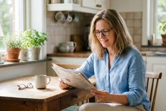 Femme d'âge moyen lisant un journal dans une cuisine lumineuse