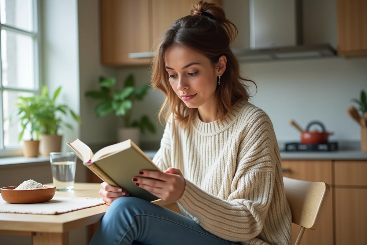 Femme lisant un livre sur la sante intestinale dans la cuisine