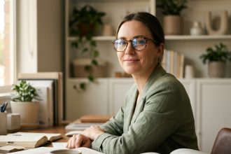 Femme portant des lunettes indépendantes en acétate écaille de tortue, assise dans un bureau à domicile chaleureux, illustrant le confort et le style au quotidien