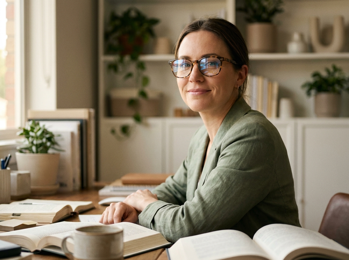Femme portant des lunettes indépendantes en acétate écaille de tortue, assise dans un bureau à domicile chaleureux, illustrant le confort et le style au quotidien