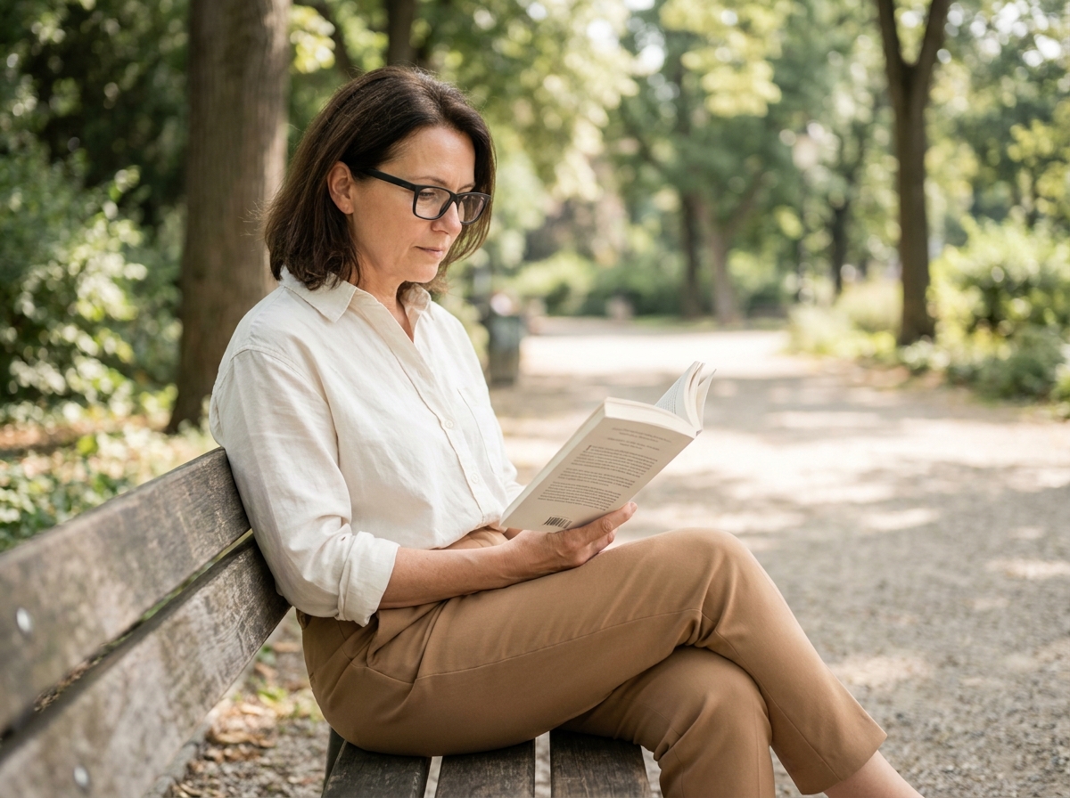 Femme d'une cinquantaine d'années lisant un livre en plein air avec des lunettes indépendantes rectangulaires noires, assise sur un banc dans un parc urbain paisible