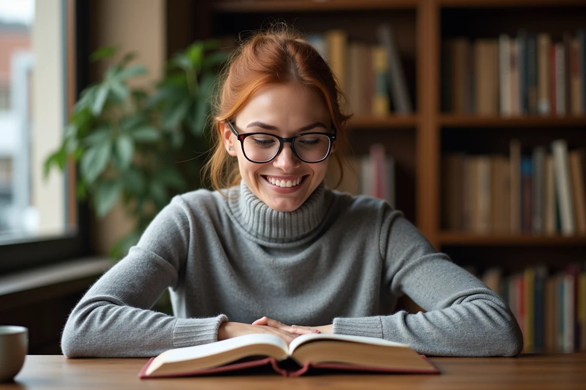 Femme portant des lunettes à verres ZEISS en train de lire dans une bibliothèque confortable