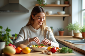 Femme arrangeant des fruits et légumes dans une cuisine lumineuse