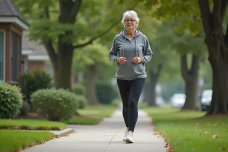 Femme d'âge moyen marche en pleine nature avec concentration
