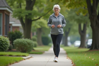 Femme d'&acirc;ge moyen marche en pleine nature avec concentration