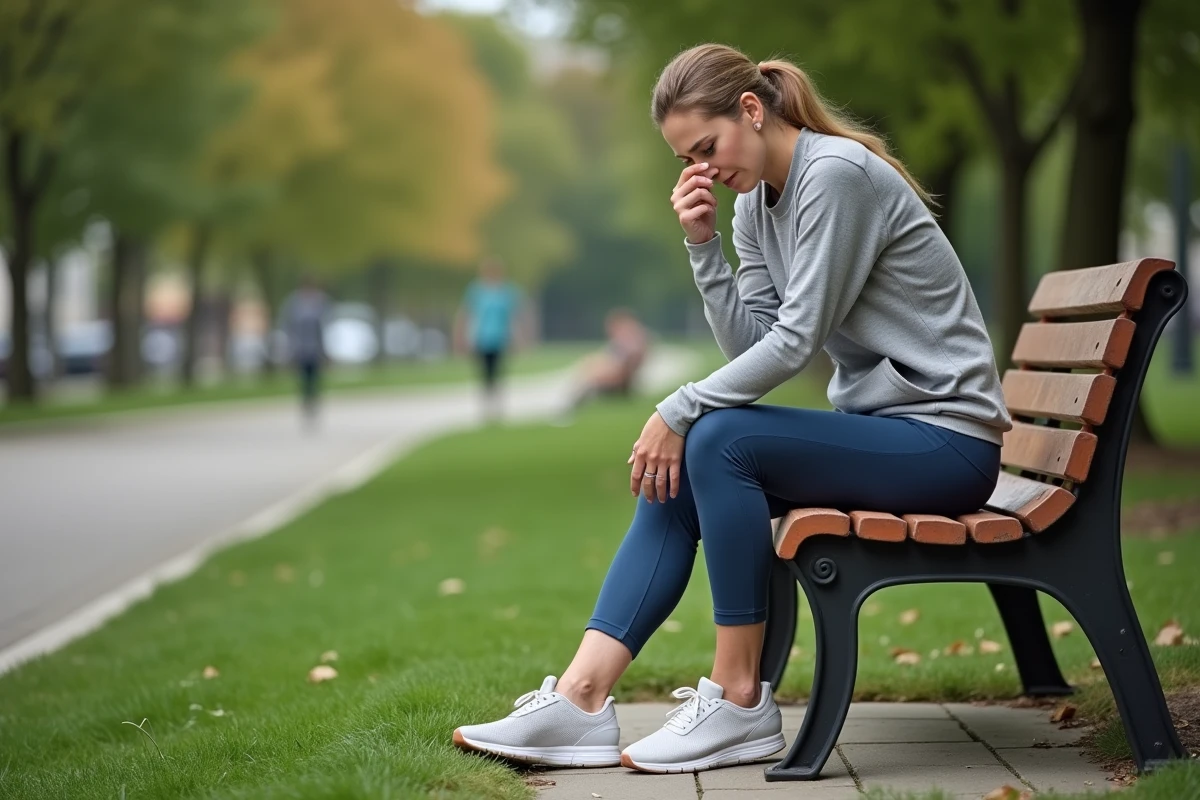 Femme assise dans un parc se massant le pied droit