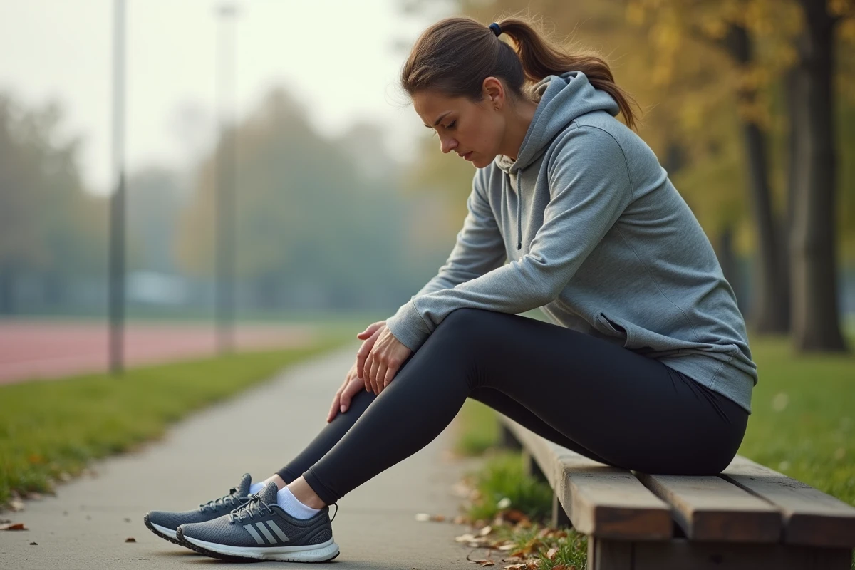 Femme sportive se massant le mollet dans un parc calme