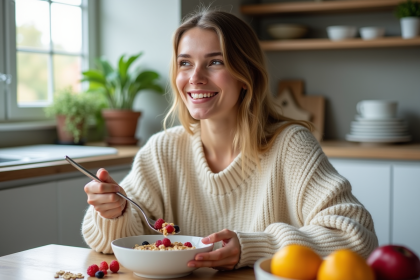Jeune femme d&eacute;gustant un bol d'avoine aux fruits dans une cuisine lumineuse