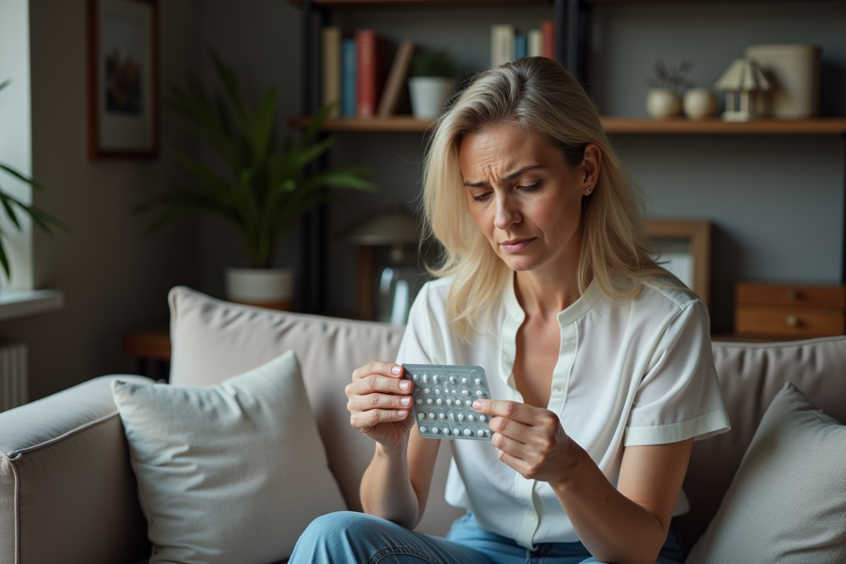 Femme lisant une notice de medicament chez elle