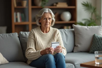 Femme d'&acirc;ge moyen examine une bo&icirc;te de m&eacute;dicaments &agrave; la maison
