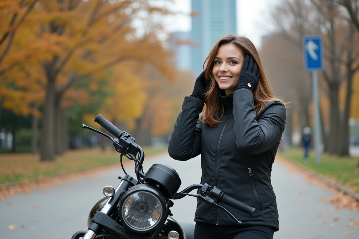 Femme en équipement de moto dans un parc urbain