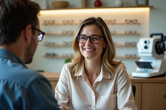 Femme d'âge moyen souriante chez un opticien moderne
