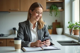 Femme en tenue professionnelle vérifiant une appli de gestion du temps