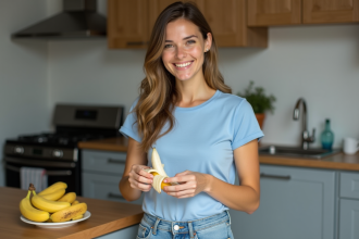 Femme souriante épluchant une banane dans la cuisine