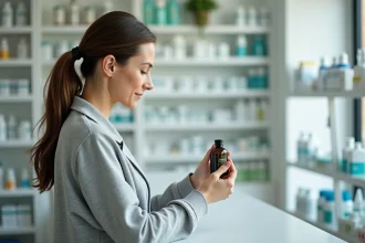 Femme en pharmacie lisant l'étiquette d'un flacon de Phytargile concentré