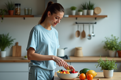 Femme en cuisine pr&eacute;parant une salade de fruits fra&icirc;che