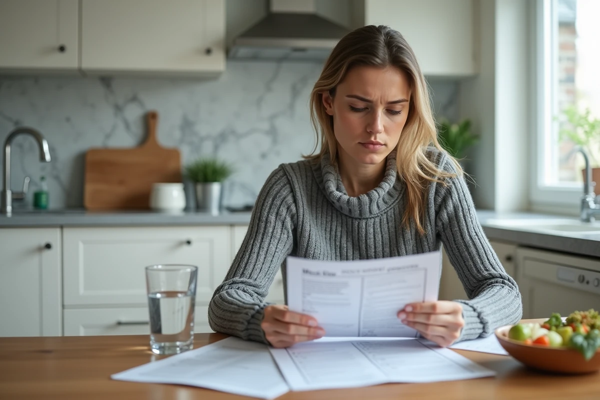 Femme étudiant le programme minceur Reborn21 avec documents et plan alimentaire sur une table de cuisine