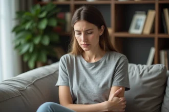 Femme en réflexion touchant son aisselle gauche en portrait