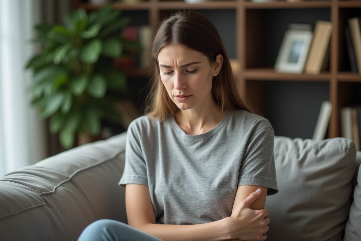 Femme en réflexion touchant son aisselle gauche en portrait
