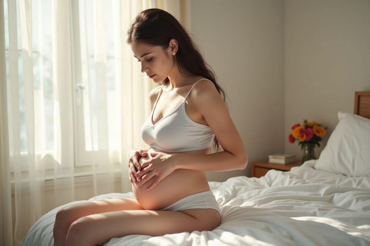 Jeune femme touchant son ventre en pleine réflexion