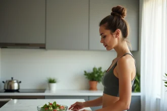Femme regardant pensivement un bol de salade dans une cuisine moderne, illustrant les doutes sur les régimes rapides pour perdre du poids