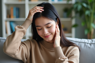 Femme se massant la nuque dans un salon calme