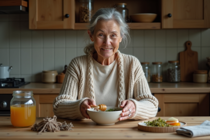 Femme pr&eacute;parant un rem&egrave;de herbal dans sa cuisine rustique