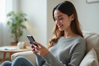 Femme utilisant une application de prise de rendez-vous médical en ligne sur smartphone depuis son salon