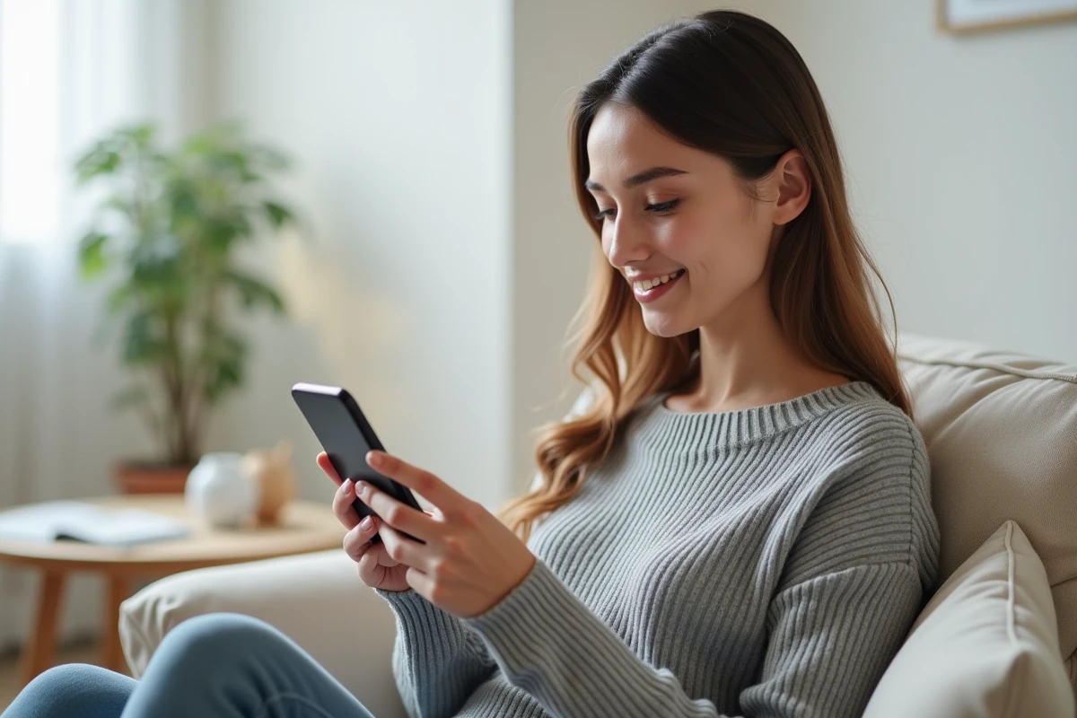 Femme utilisant une application de prise de rendez-vous médical en ligne sur smartphone depuis son salon