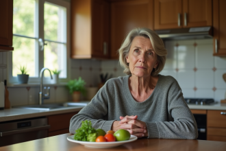 Femme d'âge moyen contemplant un plat de légumes frais