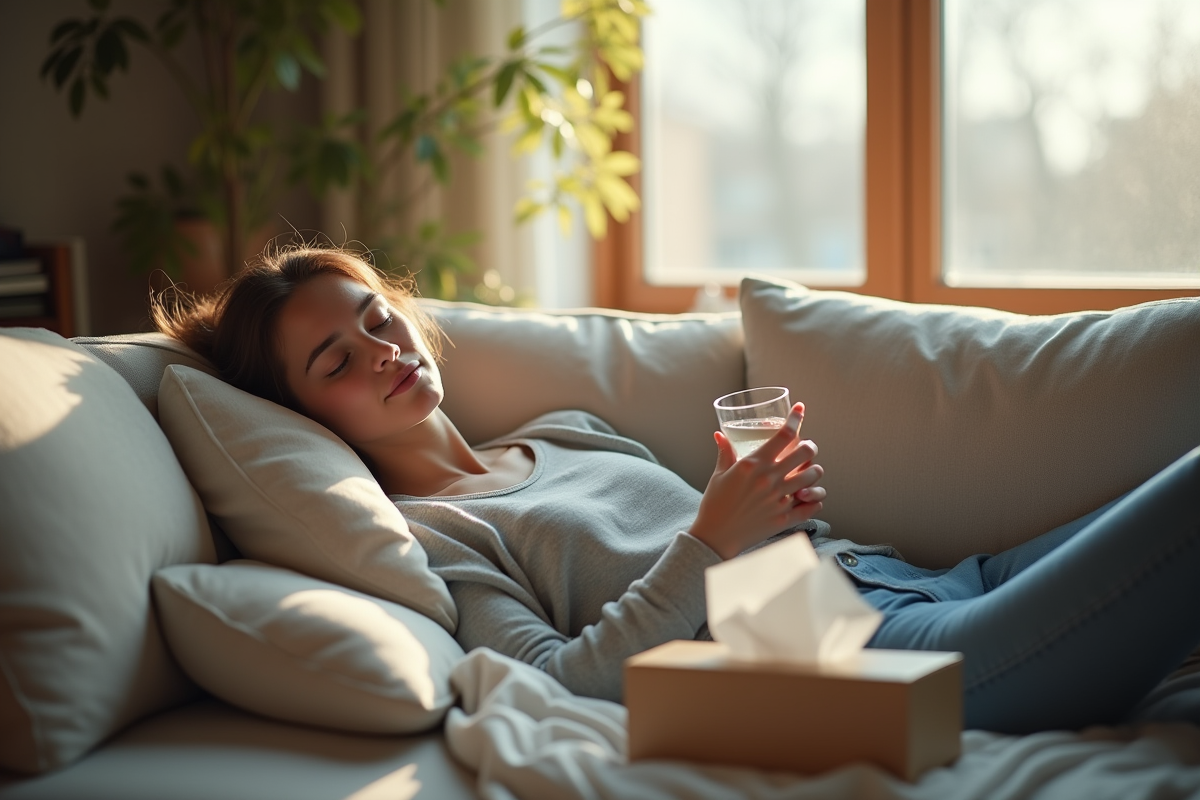 Jeune femme reposant sur un sofa avec un verre d'eau glacée
