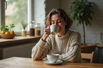 Femme détendue buvant une tisane dans la cuisine