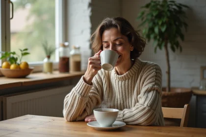 Femme d&eacute;tendue buvant une tisane dans la cuisine