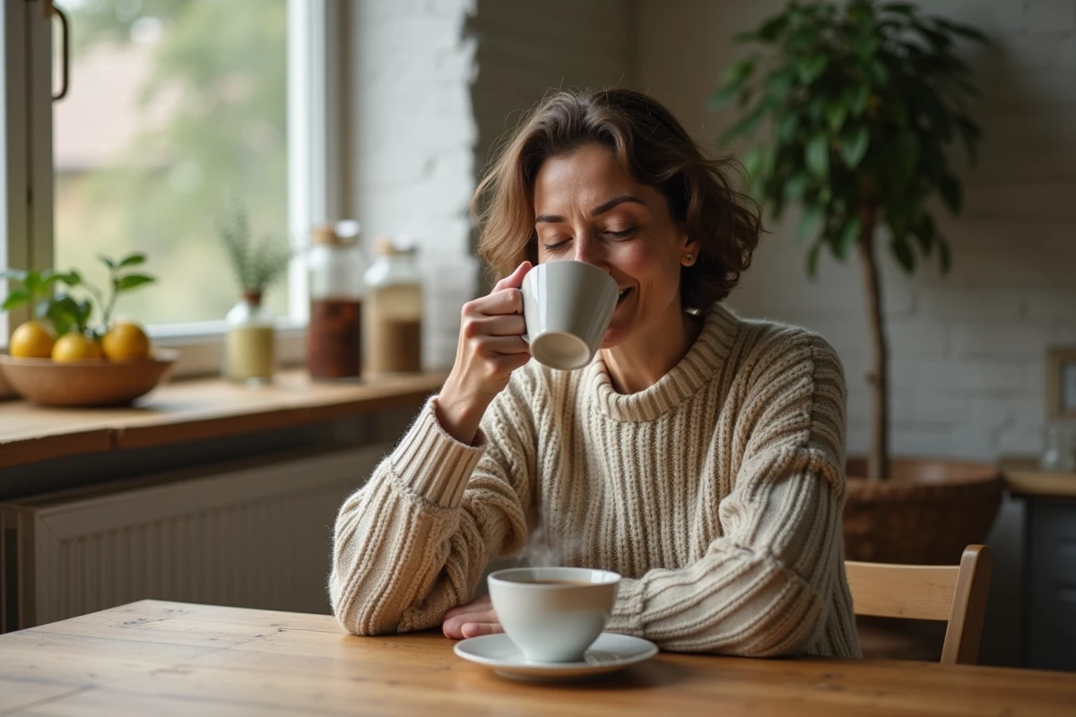 Femme détendue buvant une tisane dans la cuisine