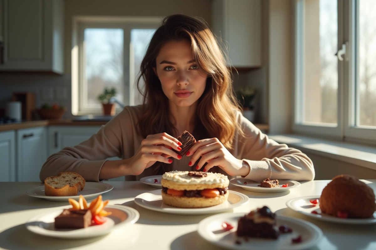 Jeune femme pensant au petit déjeuner avec desserts vides