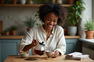 Femme noire versant du rooibos dans une tasse en céramique