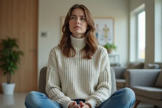 Femme assise dans une salle d'attente gynécologique, l'air préoccupée, avant un rendez-vous médical pour retrait de stérilet