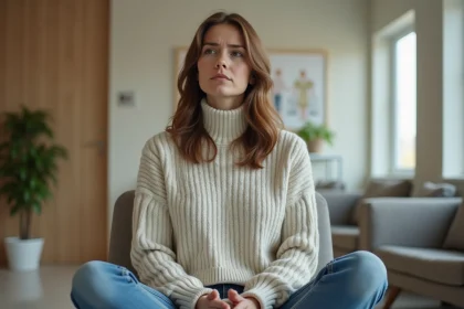 Femme assise dans une salle d'attente gynécologique, l'air préoccupée, avant un rendez-vous médical pour retrait de stérilet