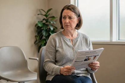 Femme préoccupée assise dans une salle d'attente médicale tenant un document informatif sur des troubles digestifs