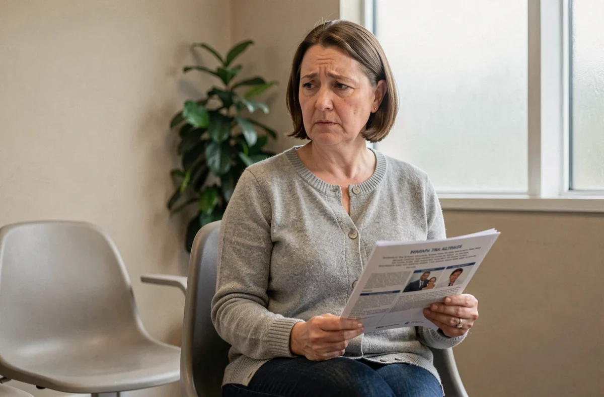 Femme préoccupée assise dans une salle d'attente médicale tenant un document informatif sur des troubles digestifs