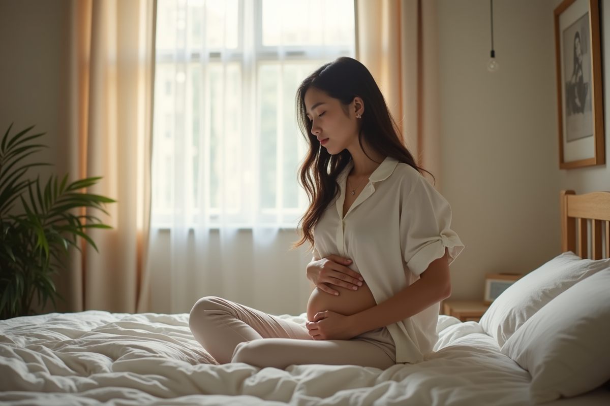 Jeune femme enceinte assise sur le lit dans une chambre lumineuse