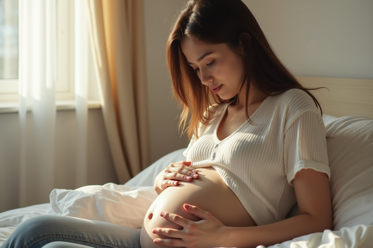 Jeune femme assise sur son lit en matinée avec une expression d'espoir
