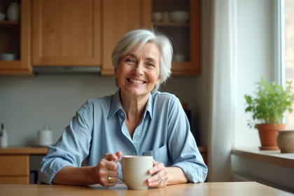 Femme senior souriante tenant une tasse de café dans sa cuisine, illustrant le confort et la confiance retrouvés grâce à un dentier sans palais