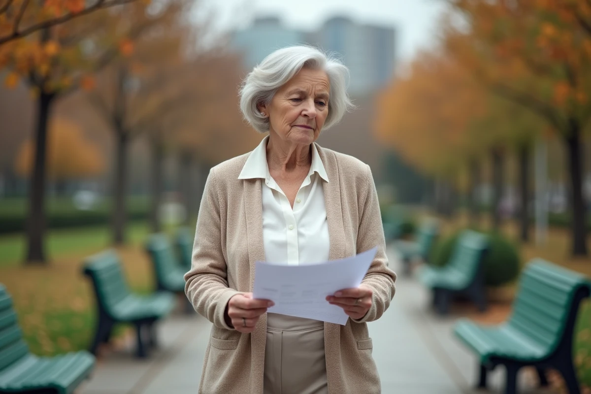 Femme senior marche dans un parc avec résultats médicaux