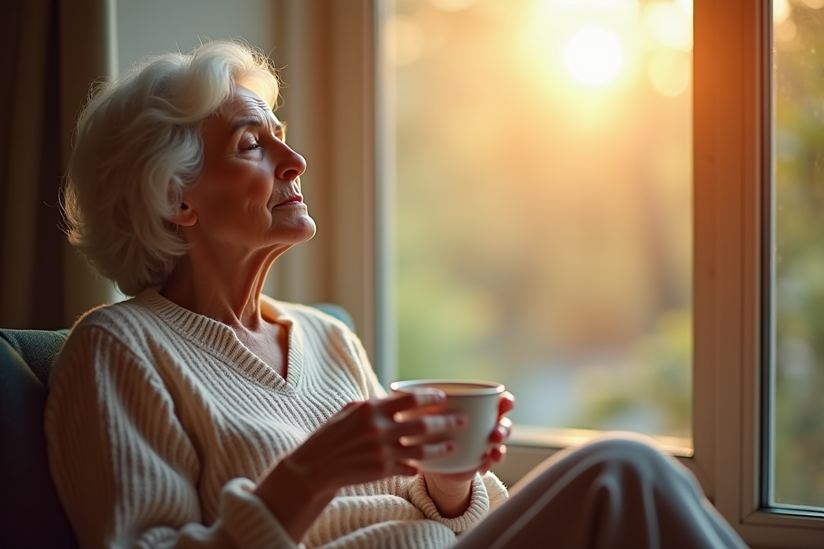 Femme senior détendue près d'une fenêtre ensoleillée